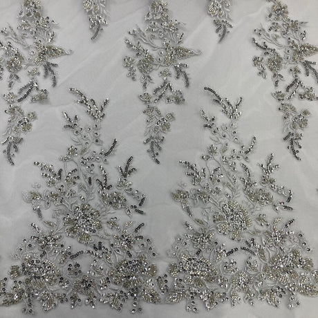 1 Yard Beaded & Sequined Embroidered Lace Fabric on Polyester Mesh, 52" Wide