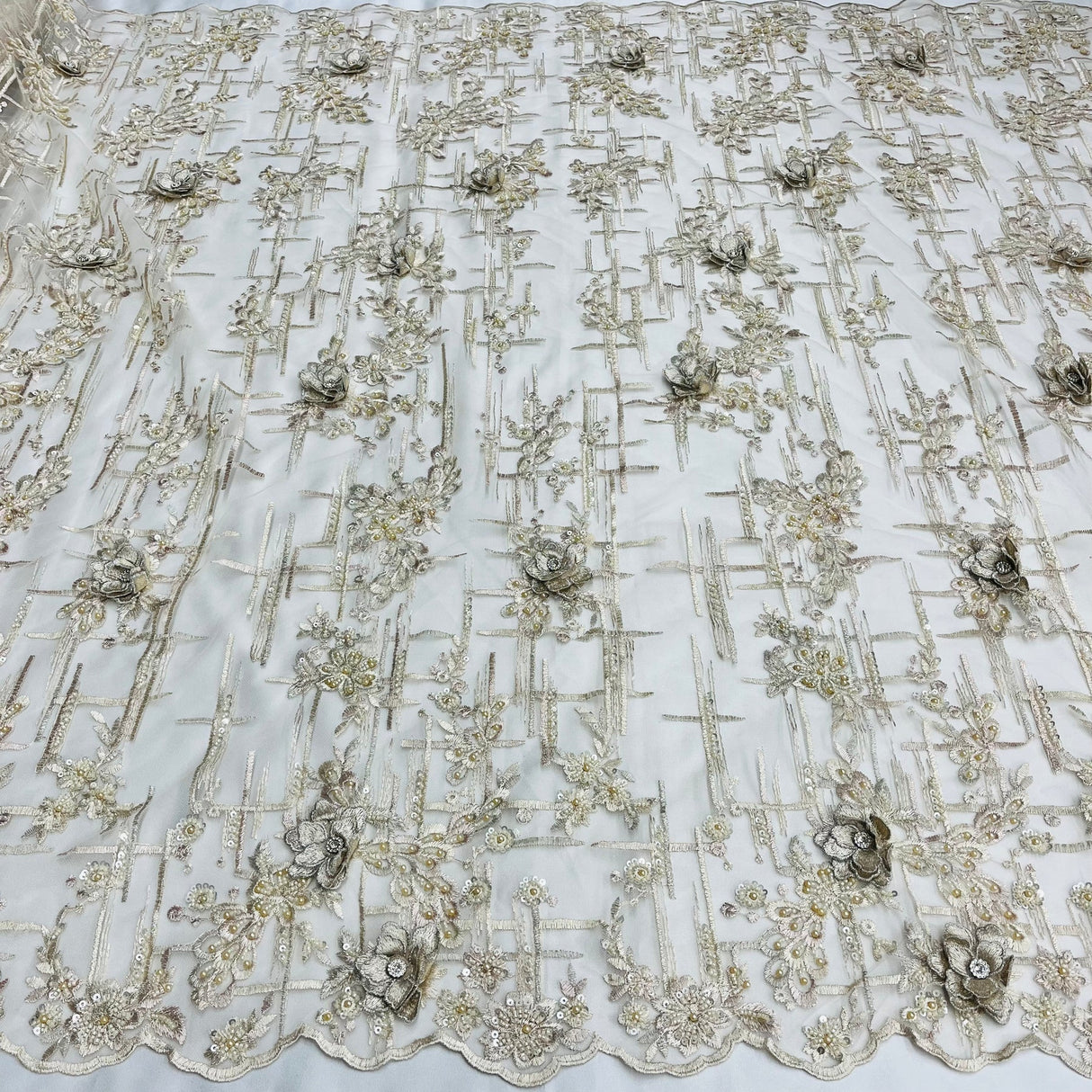 1 Yard Beaded Rhinestone 3D Floral Lace Fabric for Wedding Gowns and Dance Costumes 50" Width