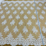 1 Yard White Elegant Corded Bridal Lace Fabric Embroidered on Polyester Net Mesh 56" Width