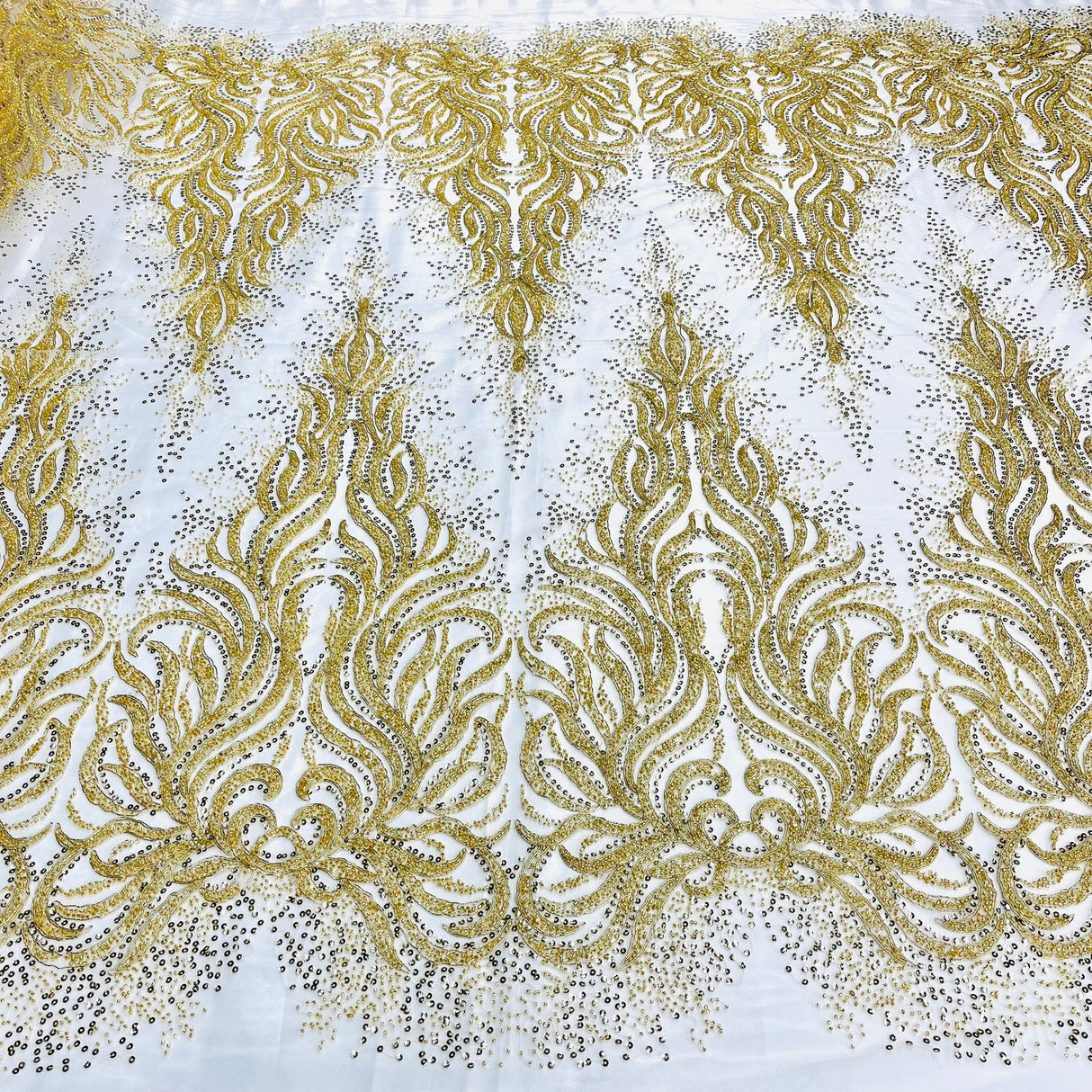 1 Yard Beaded, Corded & Sequined Bridal Lace Fabric on Polyester Net Mesh 54" Wide Couture Fabric