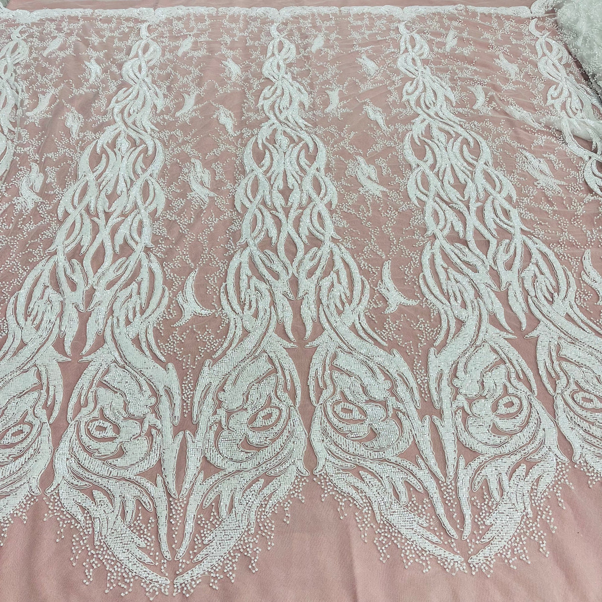 1 Yard Opulent Beaded & Corded Bridal Lace Embroidered on Polyester Net Mesh 58" Wide