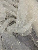 1 Yard Hunter Green Glitter Mesh Fabric with Scattered Pearls Stretch Soft Sparkle Net 60 Inch Width