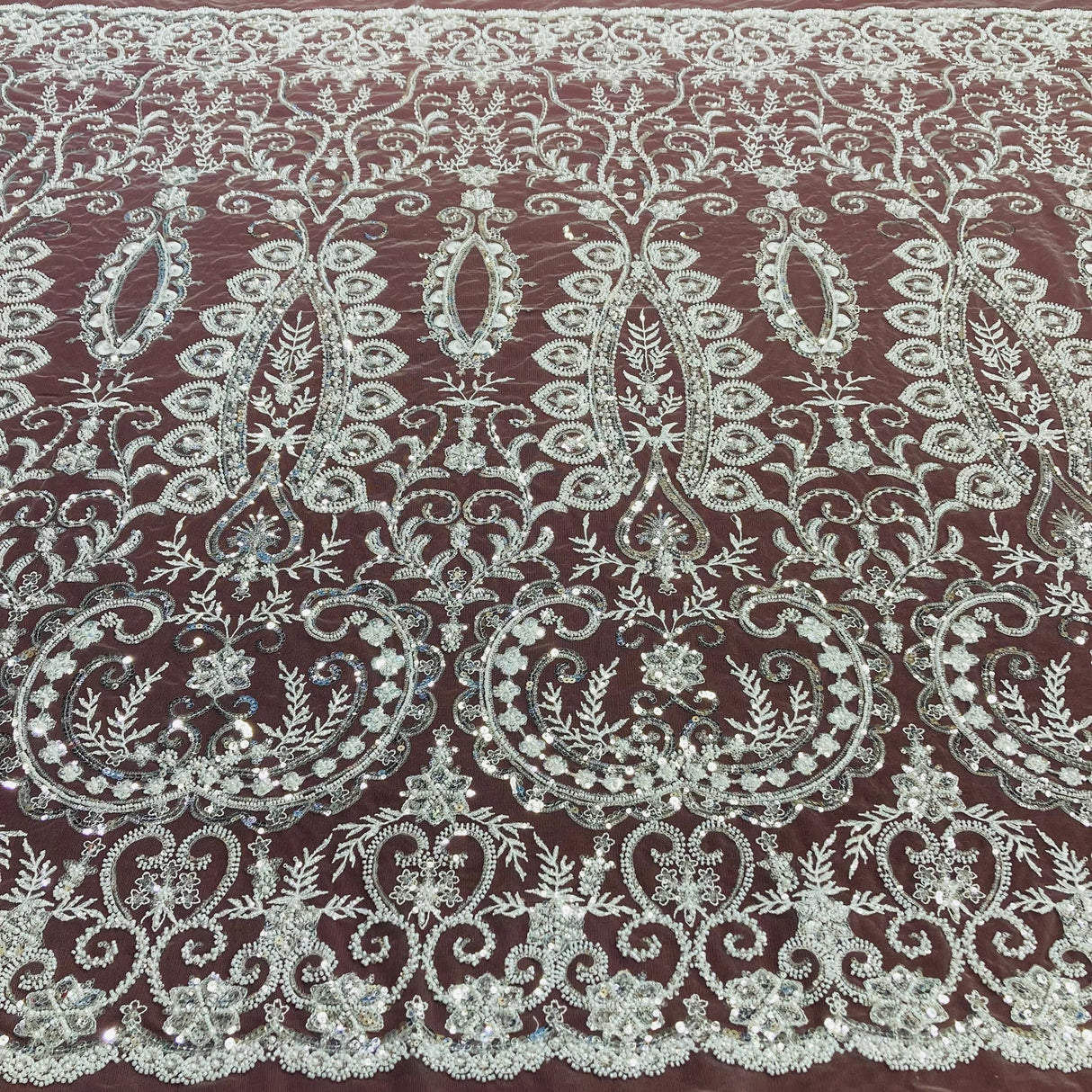 1 Yard Beaded Lace with Sequins & Pearls 52? Wide Embroidered Polyester Mesh for Bridal & Couture Fashion
