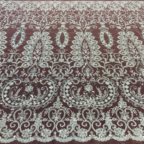 1 Yard Beaded Lace with Sequins & Pearls 52? Wide Embroidered Polyester Mesh for Bridal & Couture Fashion
