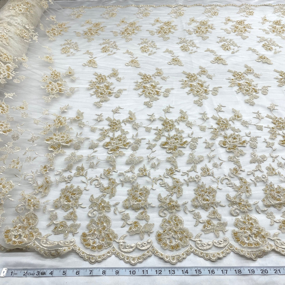 1 Yard Champagne with Gold Beaded Lace Fabric Embroidered Pearl Sequin Mesh Bridal Gown 54" Width