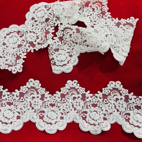 1 Yard Beaded & Corded Lace Trimming Embroidered on 100% Polyester Net Mesh 5? Wide
