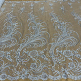 1 Yard Exquisite White Hand-Beaded Corded Bridal Lace Fabric on Net Mesh 52 inch Width