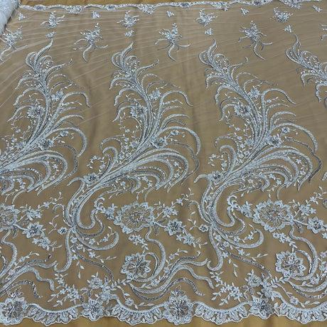 1 Yard Exquisite White Hand-Beaded Corded Bridal Lace Fabric on Net Mesh 52 inch Width
