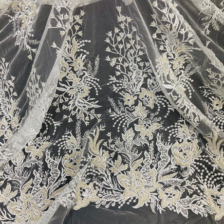 1 Yard Beaded Lace Fabric Embroidered on Polyester Net Mesh, Gold, 52" Width, Premium Lace Fabric for Dresses & Crafts