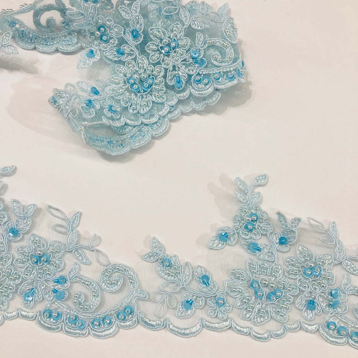 1 Yard Embroidered on 100% Polyester Organza 4.5? Wide Beaded & Corded Lace Trimming
