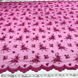 1 Yard Lace Beaded Fabric Fuchsia Polyester Net Mesh with Beads Pearls Sequins, 54 Inches Wide