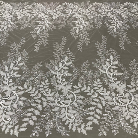 1 Yard Dazzling Silver Beaded Sequined Lace Fabric on Net Mesh 52 inch Width