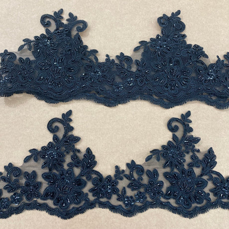 1 Yard 6" Wide Beaded & Corded Floral Lace Trimming Embroidered on 100% Polyester Net Mesh