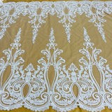1 Yard Gold Metallic Beaded & Corded Bridal Lace Fabric, Embroidered Polyester Net Mesh, 54" Wide