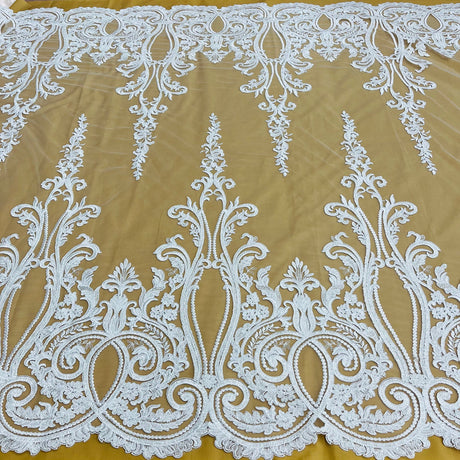 1 Yard Gold Metallic Beaded & Corded Bridal Lace Fabric, Embroidered Polyester Net Mesh, 54" Wide