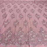 1 Yard Dusty Rose Beaded Corded Lace Fabric with Scallops Embroidered on 100% Poly Metallic 54 Inch Wide