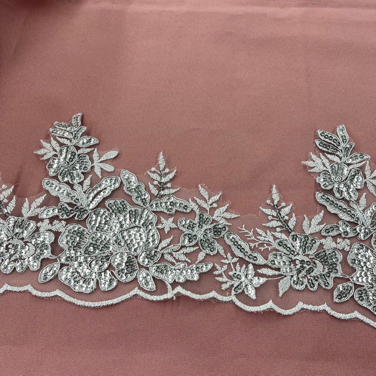 1 Yard Beaded & Corded Floral Lace Trimming Embroidered on 100% Polyester Net Mesh 6.5? Wide
