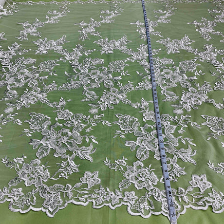 1 Yard Opulent Beaded & Corded Bridal Lace Fabric Embroidered on Polyester Net Mesh Perfect for Wedding & Evening Couture 53" Wide
