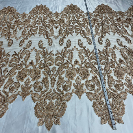 1 Yard Beaded Corded Bridal Lace Fabric Embroidered on Polyester Net Mesh