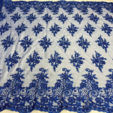 1 Yard Royal Blue Corded Lace Fabric with Hand-Embroidered Beading on Mesh 53 inch Width