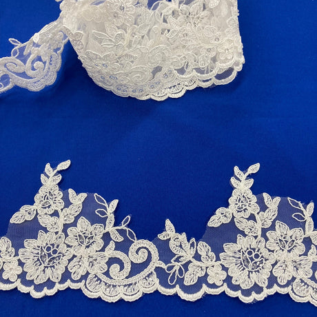 1 Yard 4? Wide Beaded & Corded Lace Trimming Embroidered on 100% Polyester Net Mesh