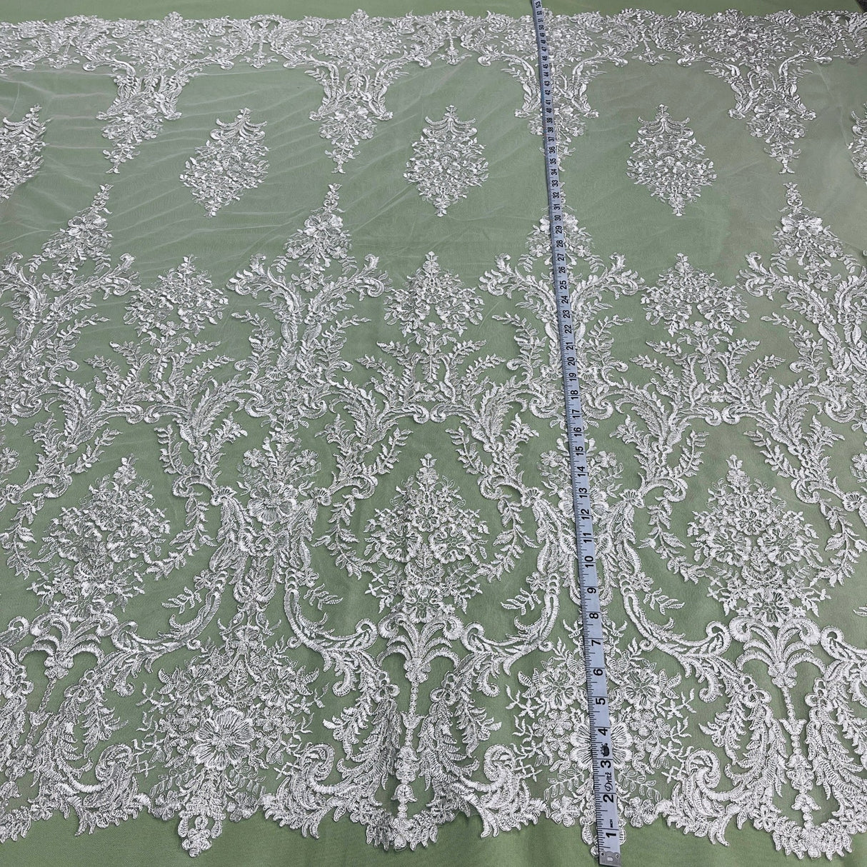 1 Yard Classic White Corded Bridal Lace Fabric on Polyester Net Mesh 52 inch Width