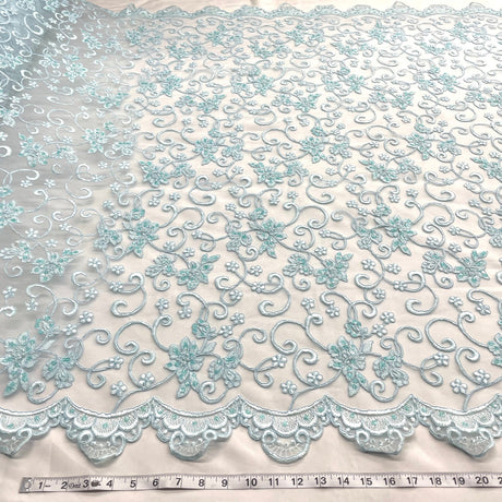 1 Yard Lime Green Beaded & Corded Bridal Lace Fabric Embroidered on Polyester Net Mesh 54 Inch Width