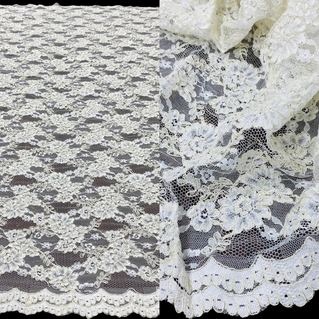 1 Yard Corded Bridal Lace Fabric Embroidered on Net Mesh 54" Width