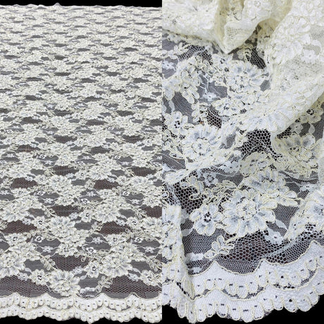 1 Yard Corded Bridal Lace Fabric Embroidered on Net Mesh 54" Width