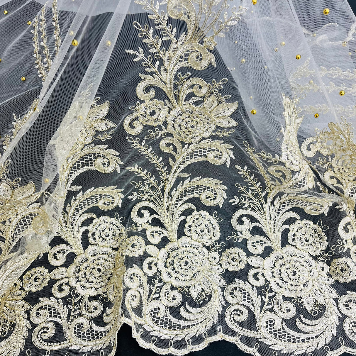 1 Yard Beaded Corded Lace Fabric Embroidered Net Mesh 51" Width
