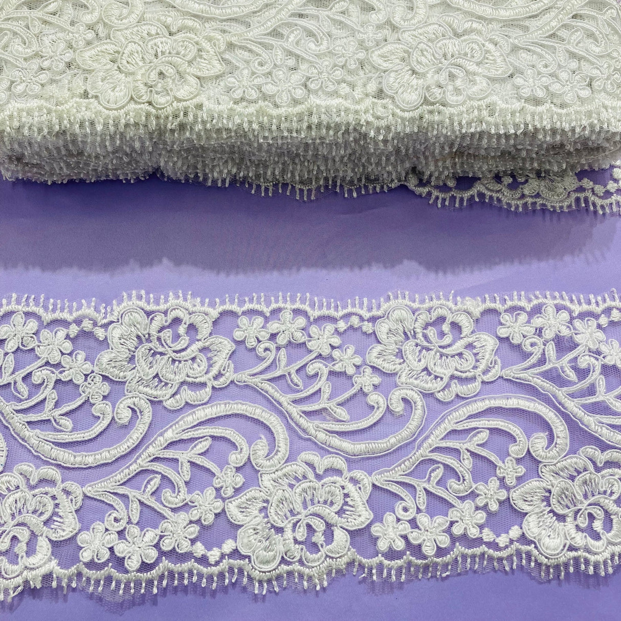 1 Yard 4? Wide Corded Double Sided Lace Trimming on 100% Polyester Net Mesh