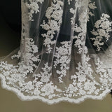 1 Yard Exquisite White Hand-Beaded Corded Bridal Lace Fabric on Net Mesh 51 inch Width