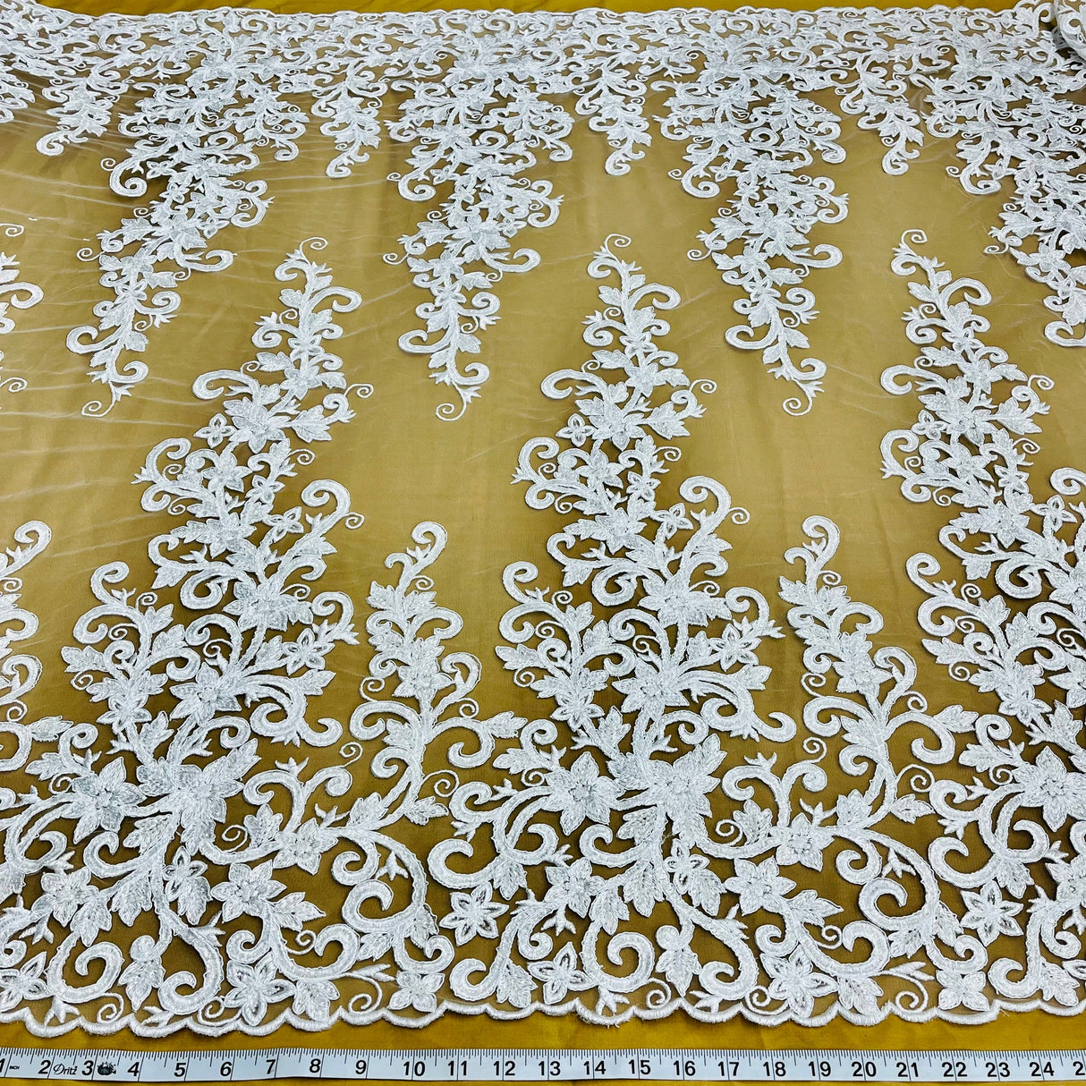 1 Yard Ivory Beaded & Corded Bridal Fabric Lace Embroidered on Polyester Net Mesh, 51" Width, Elegant Wedding Fabric
