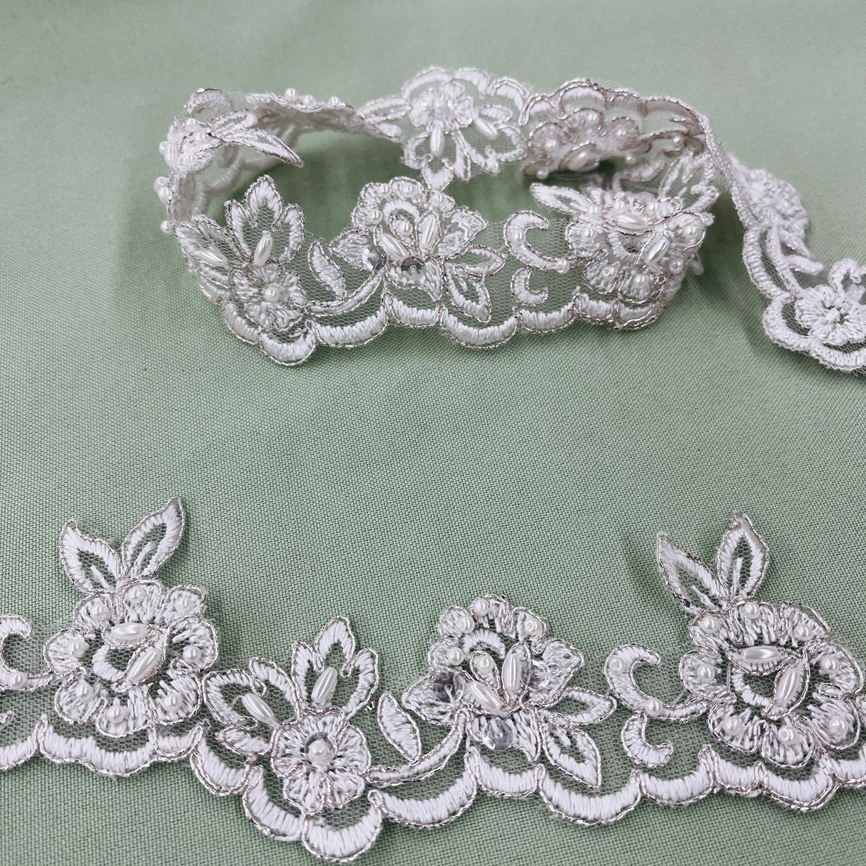1 Yard Beaded Corded Lace Trimming Embroidered on Polyester Net Mesh