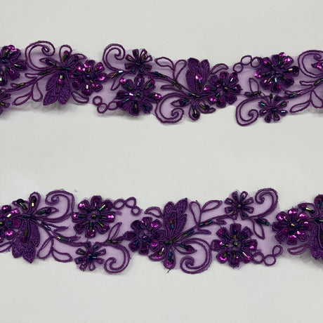 1 Yard Elegant Beaded & Corded Lace Trimming Embroidered on 100% Polyester Organza for Special Occasion Dresses 2 Inch Width