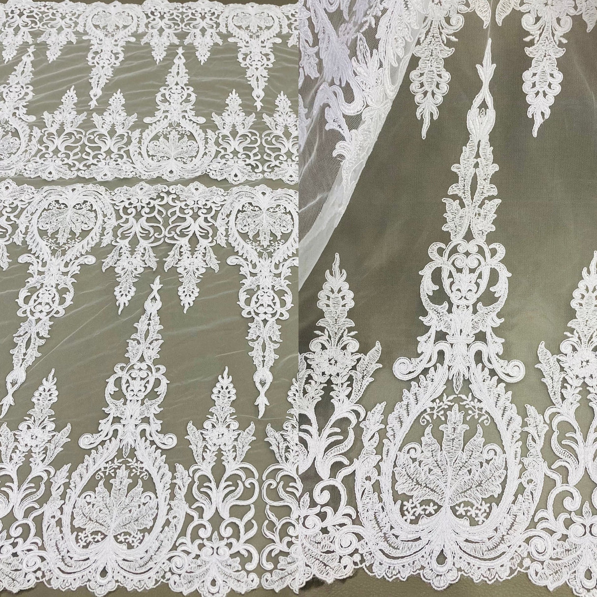 1 Yard White Corded Bridal Lace Fabric Embroidered on Polyester Net Mesh 52 inch Width