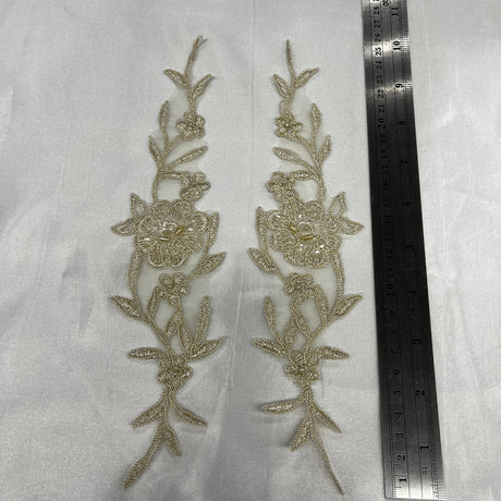 1 Pair Beaded & Corded Lace Applique Embroidered on 100% Polyester Organza