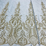 1 Yard Gold Beaded Lace Fabric Embroidered on Polyester Mesh, 50" Wide Decorative Fabrication