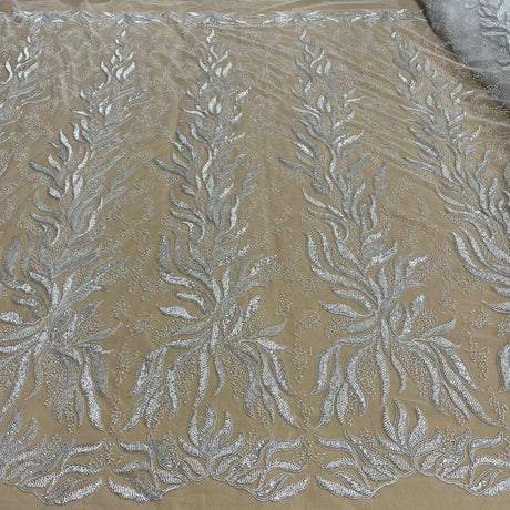 1 Yard Beaded & Corded Bridal Lace Fabric, 58" Wide Embroidered Polyester Net Mesh for Wedding, Evening & Quinceañera Dresses