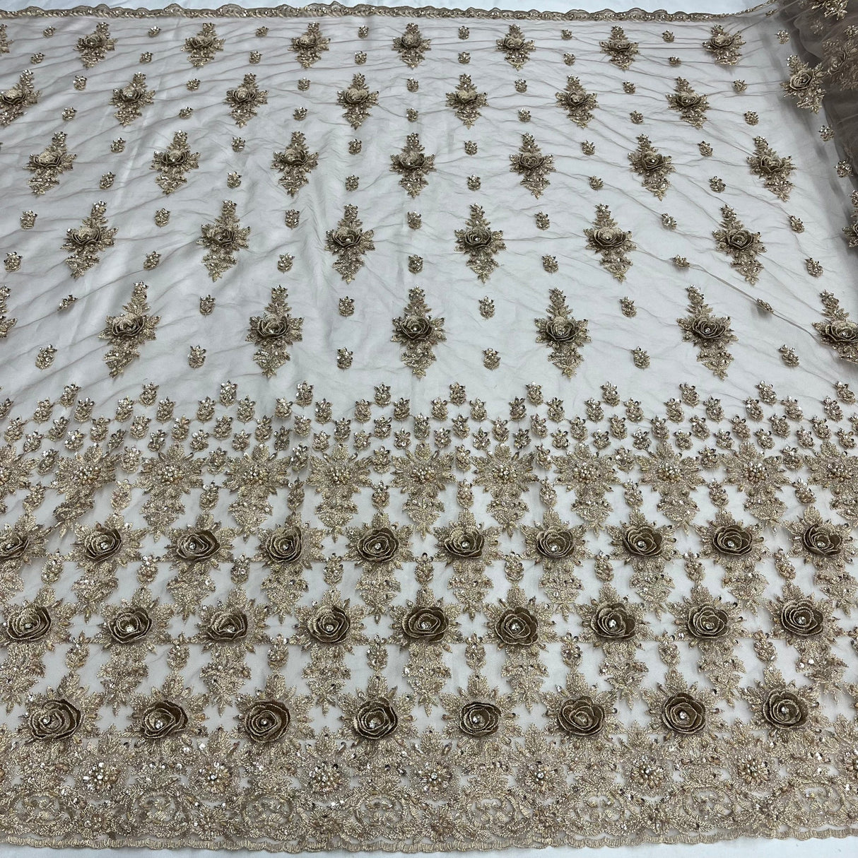 1 Yard Exquisite "Skin" Beaded 3D Floral Lace Fabric on Net Mesh 54 inch Width