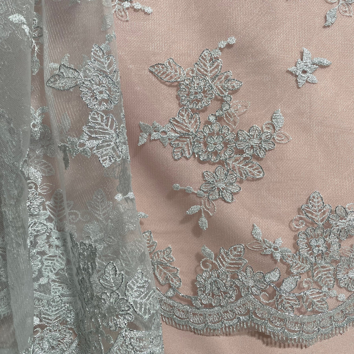 1 Yard Sage Pink Corded Bridal Lace Fabric Embroidered on Polyester Net Mesh Elegant 51 Inch Width