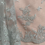 1 Yard Sage Pink Corded Bridal Lace Fabric Embroidered on Polyester Net Mesh Elegant 51 Inch Width