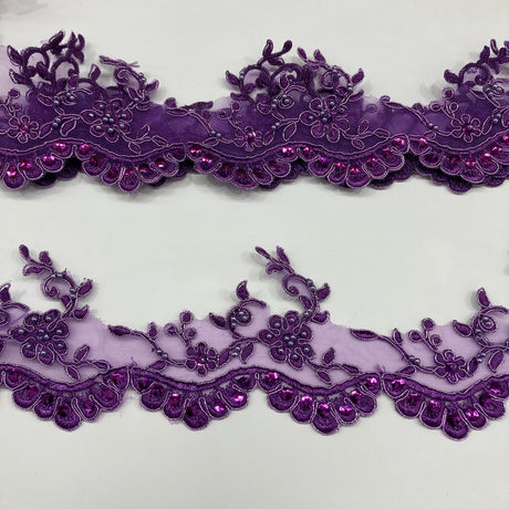 1 Yard Exquisite Beaded Corded Lace Trimming on Organza Net Mesh 3.25 Inch Width