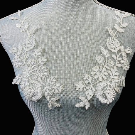1 Pair Corded Floral Applique for Baptism, Christening, Communion Gowns 9" x 3" Each Side