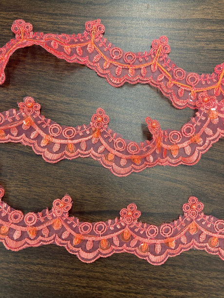 1 Yard Beaded Lace Trimming on Organza | 2.25" Wide | Decorative Beaded Trim for Bridal, Formalwear & Costumes