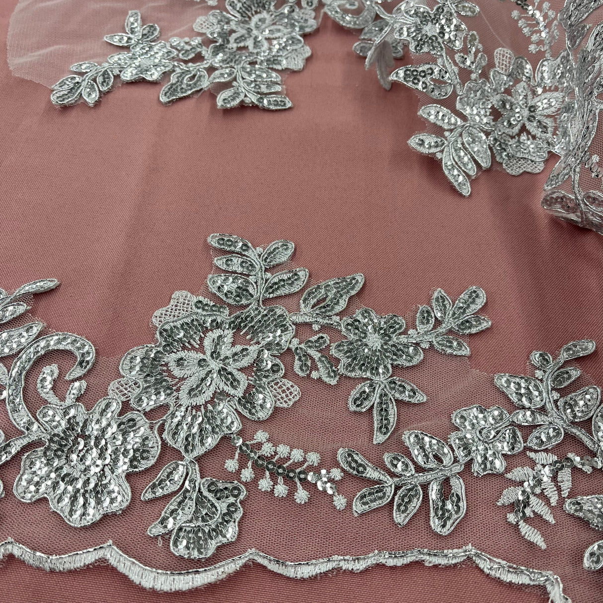 1 Yard Beaded & Corded Floral Lace Trimming on 100% Polyester Net Mesh