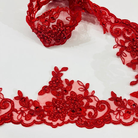 1 Yard Embroidered on 100% Polyester Organza 4.5? Wide Beaded & Corded Lace Trimming