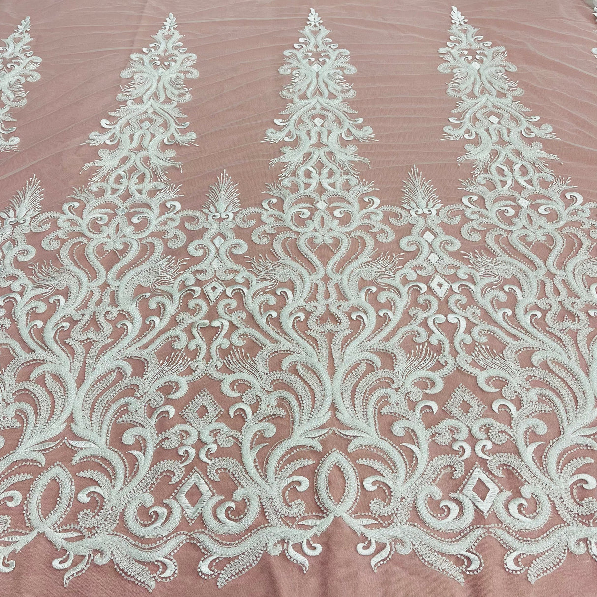 1 Yard Beaded Lace Fabric Embroidered with Fuzzy Thread & Sequins on Polyester Net Mesh for Bridal, Evening & Couture Gowns 49" Wide