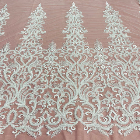 1 Yard Beaded Lace Fabric Embroidered with Fuzzy Thread & Sequins on Polyester Net Mesh for Bridal, Evening & Couture Gowns 49" Wide
