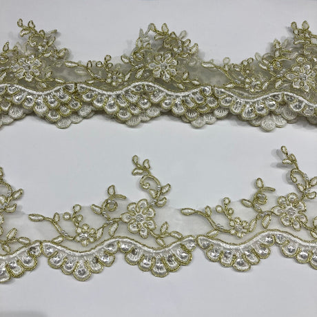 1 Yard Exquisite Beaded Corded Lace Trimming on Organza Net Mesh 3.25 Inch Width